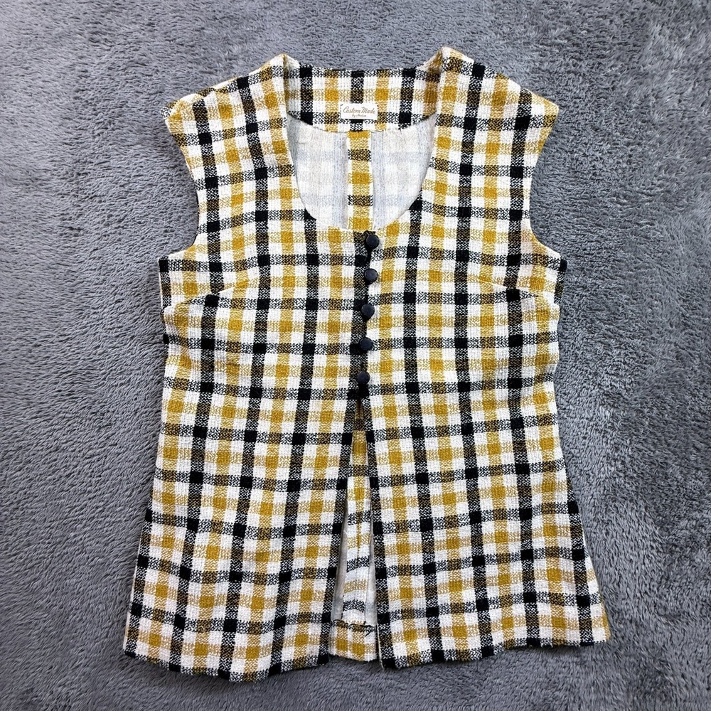 Vintage 60s Custom Made by Avalon Plaid Wool Blend Vest Tunic Mustard Black S/M